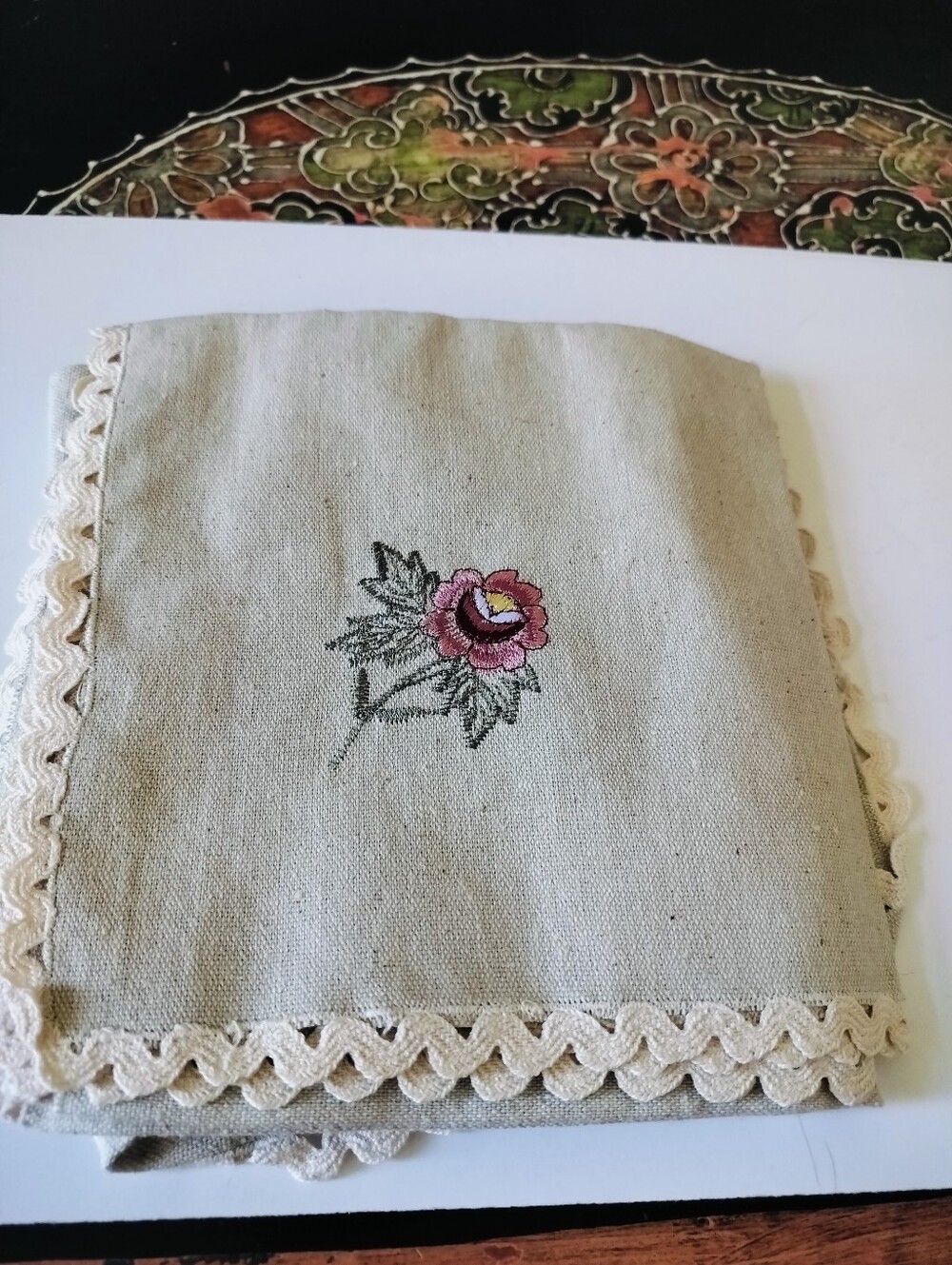 Cottagecore Vintage Embroidered Pink Rose Linen Cotton Napkins Set (3 Pieces)